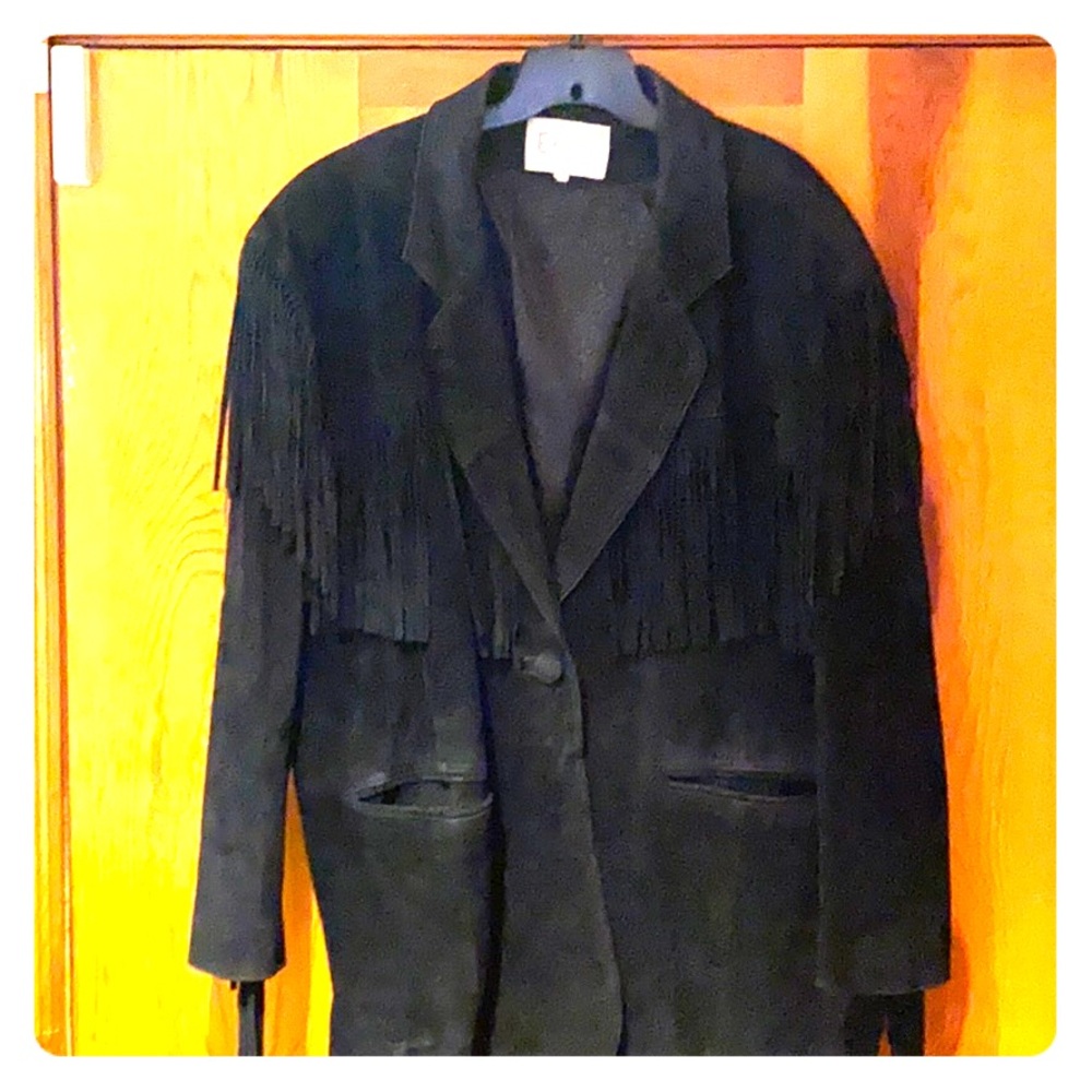 Vintage black suede fringe coat